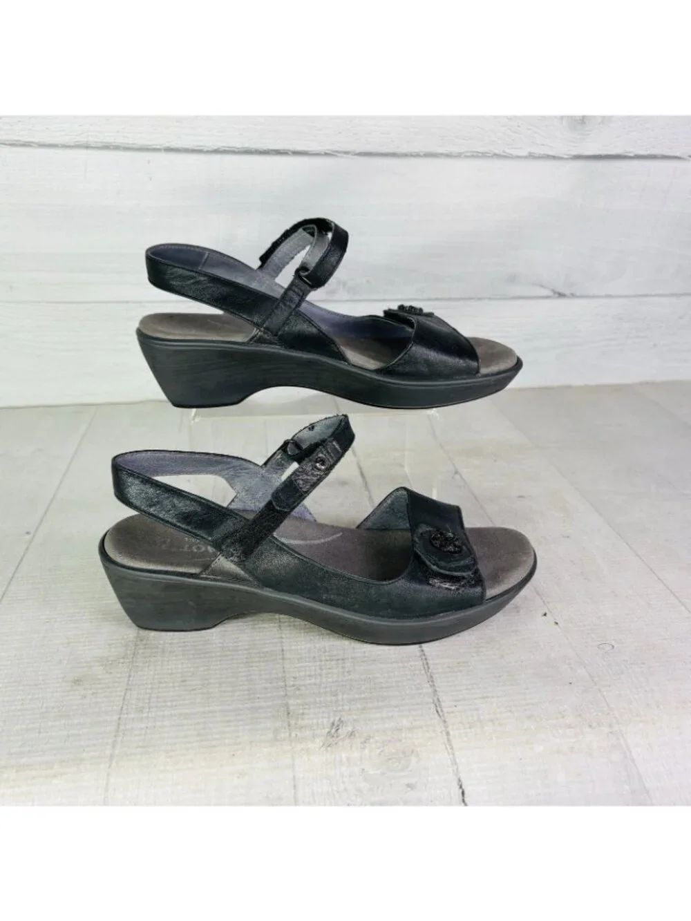 Naot VINEYARD Black Leather Rhinestone Slingback Wedge Heel Sandal Sz 37 US 6.5